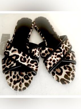 J Crew Animal Print Flats Leopard Sandals Dyed NEW 6 Calf Hair Vacation Comfort
